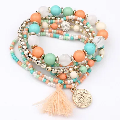 Temperament Coin Tassel Pendant Multilayer Strand Bracelet