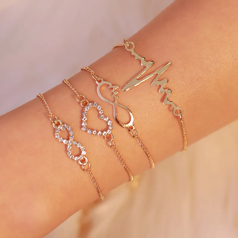 Four-Piece Love Heart-Shaped Rhinestone Decor Bracelets Set Women's Fashion OL Alloy Geometric