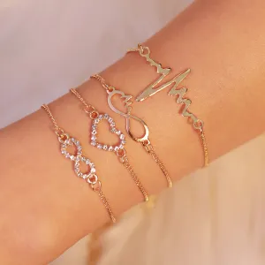 Four-Piece Love Heart-Shaped Rhinestone Decor Bracelets Set Women's Fashion OL Alloy Geometric