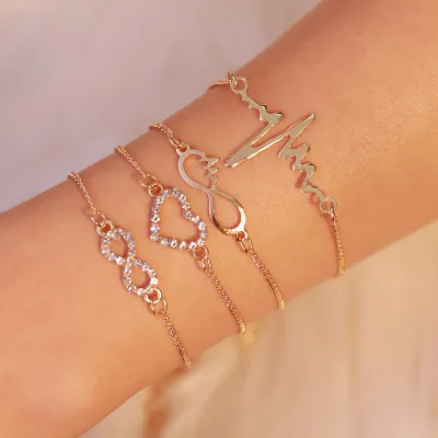 Four-Piece Love Heart-Shaped Rhinestone Decor Bracelets Set Women's Fashion OL Alloy Geometric