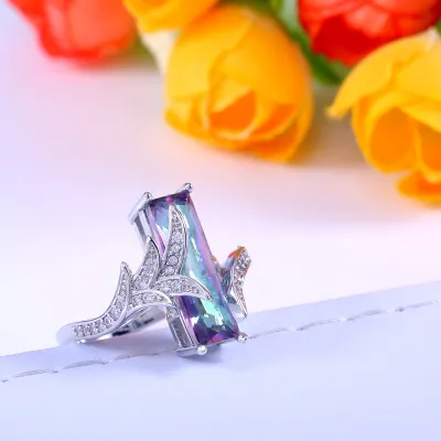 Creative Inlaid Rainbow Gemstone Ring for Women Geometric Copper