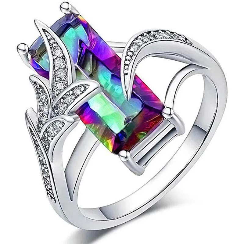 Creative Inlaid Rainbow Gemstone Ring for Women Geometric Copper