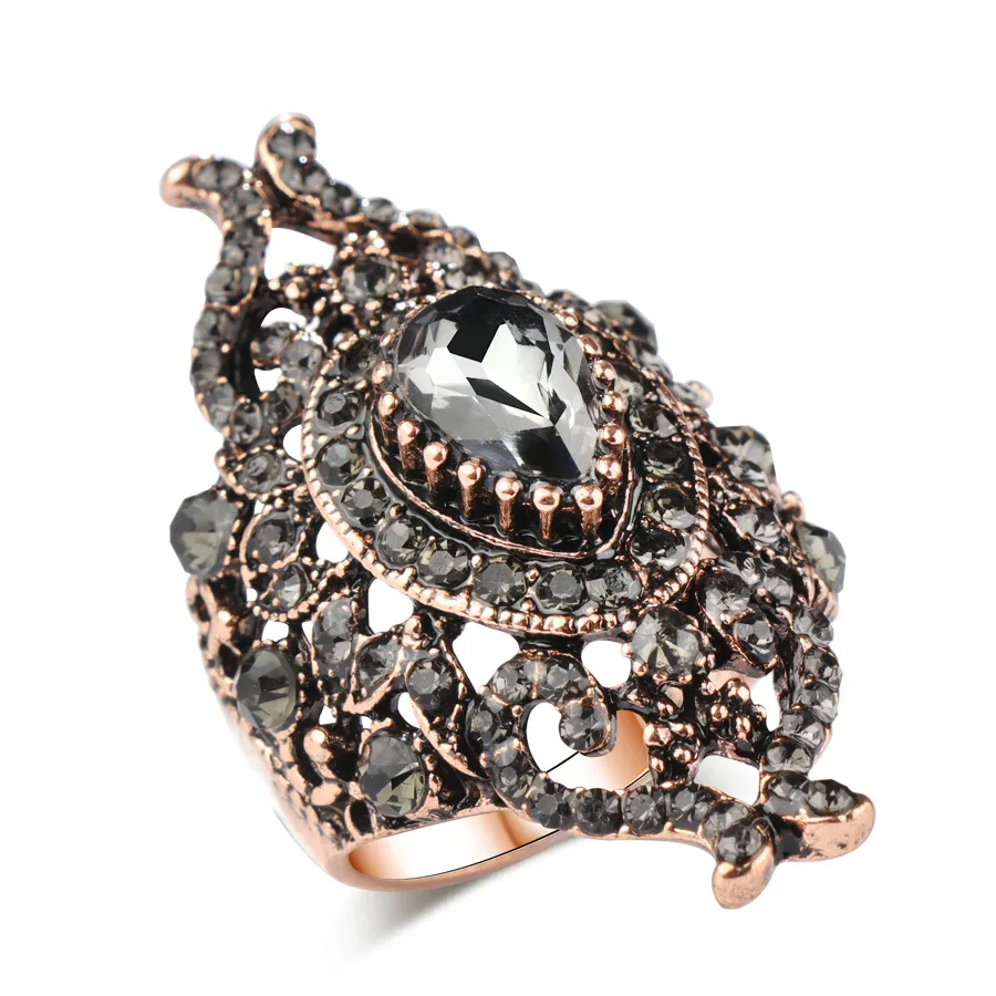 Unique Black Rhinestone Flower Decor Metal Ring for Women