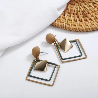 Double Layer Square Pendant Frosted Copper Dangle Earrings
