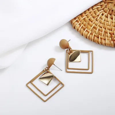 Double Layer Square Pendant Frosted Copper Dangle Earrings