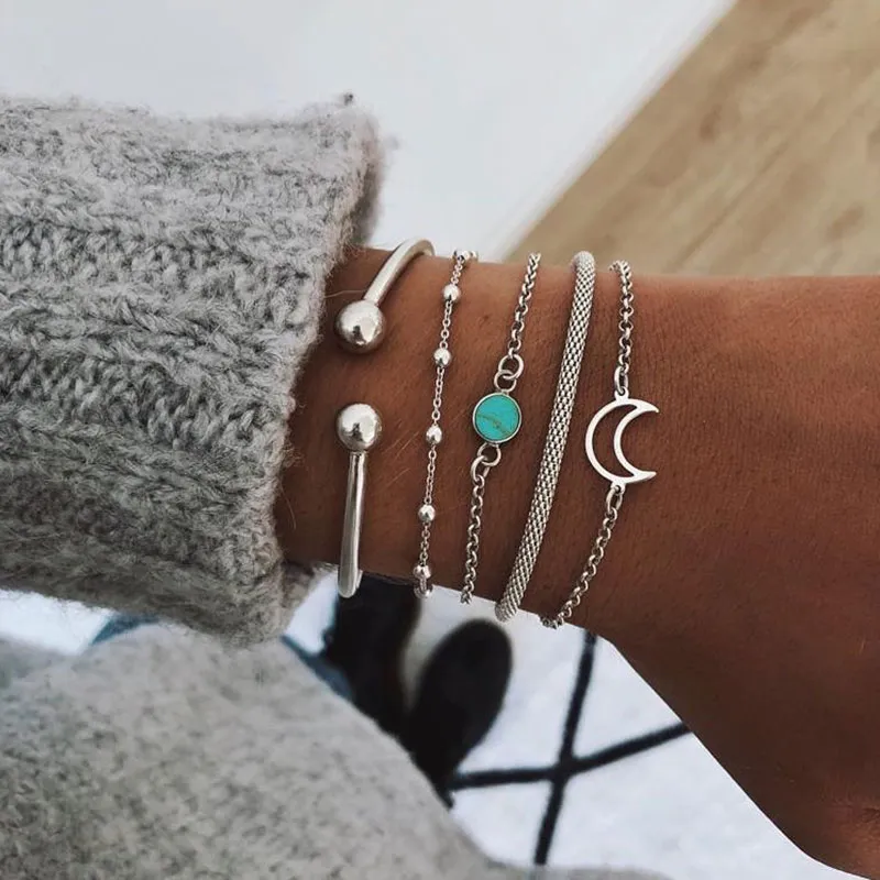 Five Pieces Moon Design Turquoise Decor Alloy Bracelets Set Unisex Bohemian