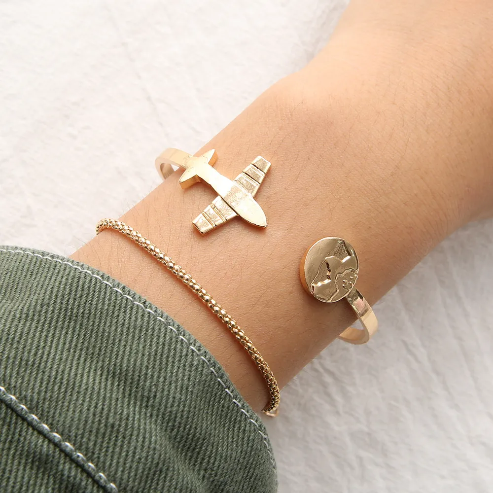 Two-Piece Gold Plated Airplane Design Bracelets Set