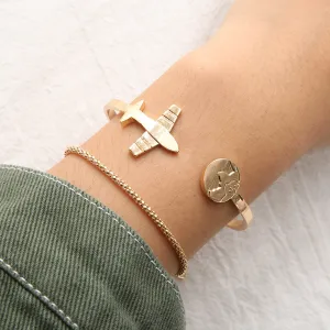 Two-Piece Gold Plated Airplane Design Bracelets Set