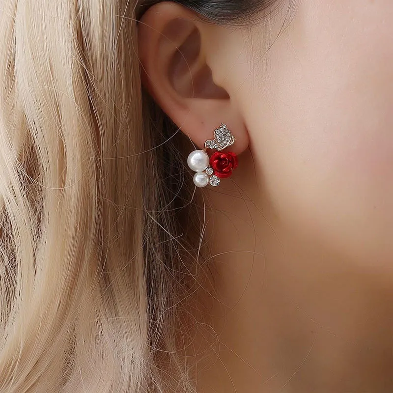 Rose Flower Design Rhinestone Pearl Decor Stud Earrings