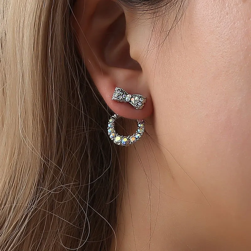 Fashion Bowknot Design Colorful Rhinestone Back Hanging Stud Earrings