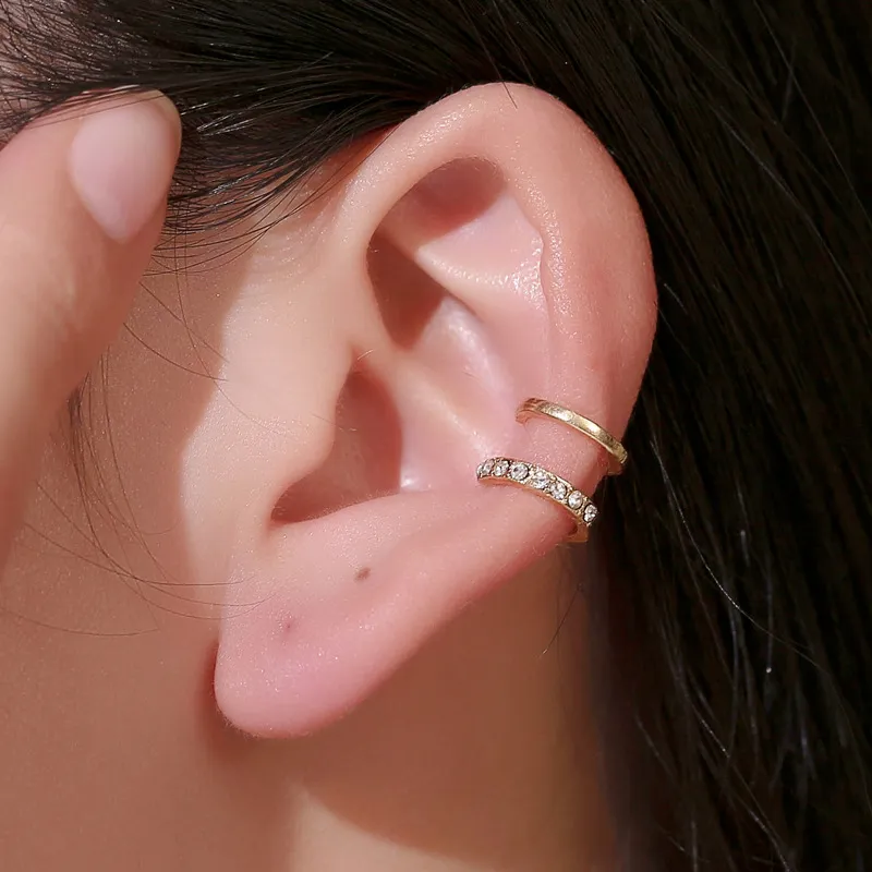 U-Shaped Rhinestone Decor Double Layer Ear Clip Fashion Women Copper Ear Cuff
