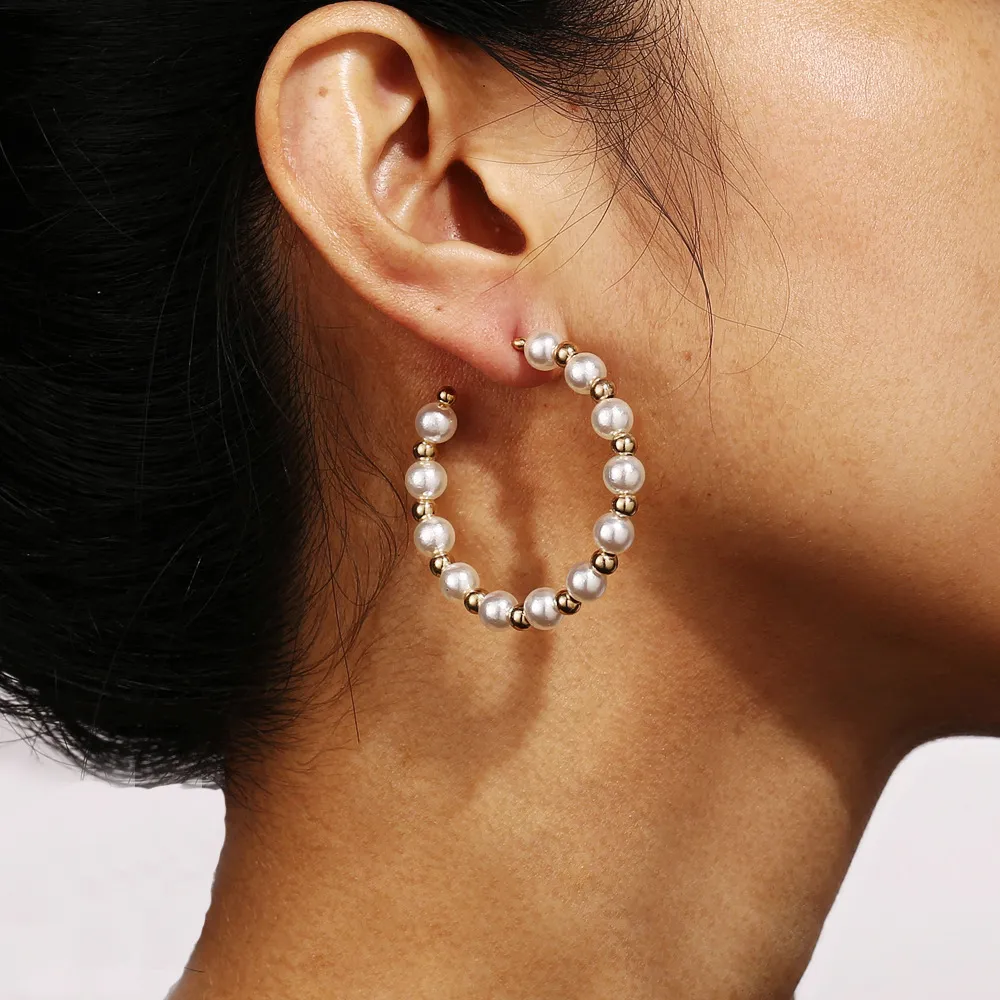 Handmade Pearl Metal Ball Chain Design Hoop Earrings