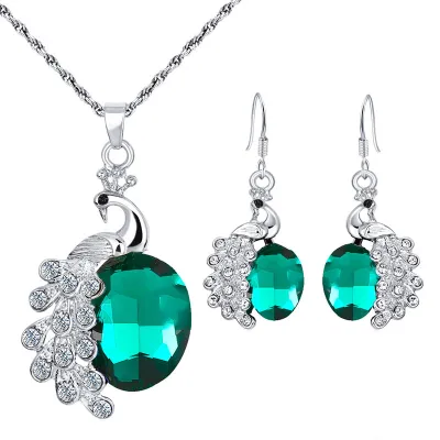Peacock Design Gemstone Decor Pendant Necklace and Earrings Set