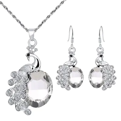 Peacock Design Gemstone Decor Pendant Necklace and Earrings Set
