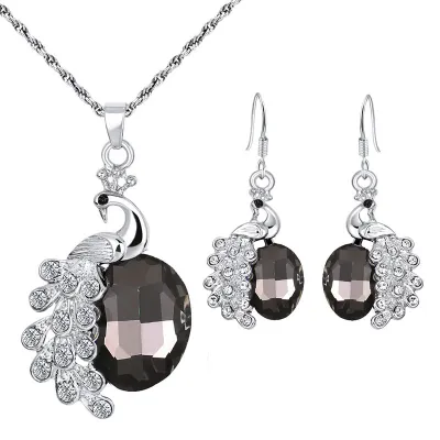 Peacock Design Gemstone Decor Pendant Necklace and Earrings Set