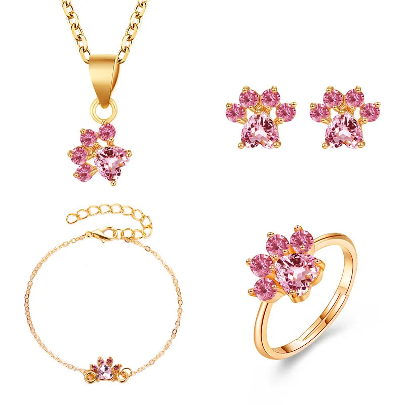 Four-Piece Suit Cat Claw Design Pink Rhinestone Decor Necklace Earrings Ring Set