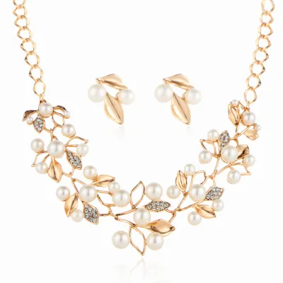Creative Flower Pattern Pearl Decor Alloy Necklace Earring Set for Women