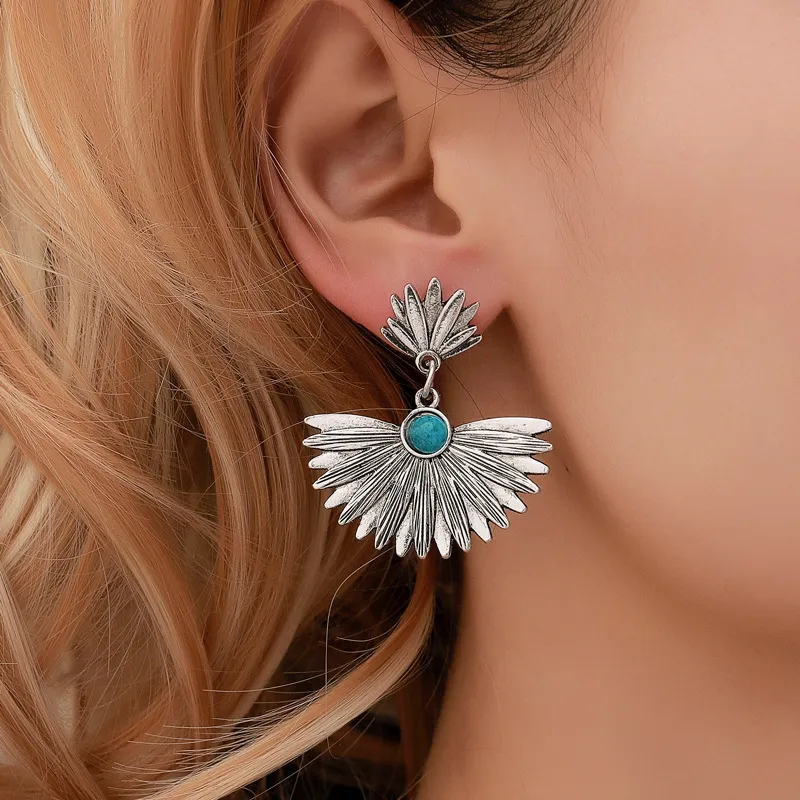 Ethnic Style Fan Shape Turquoise Decor Dangle Earrings for Women