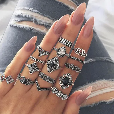 15pcs/Set Vintage Lotus Pattern Alloy Gemstone Midi Rings Unisex