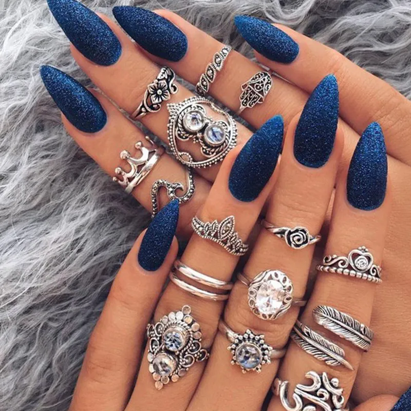 Vintage Carved Hollow Out Crown Ring Set - Unisex Alloy Geometric Jewelry Rings