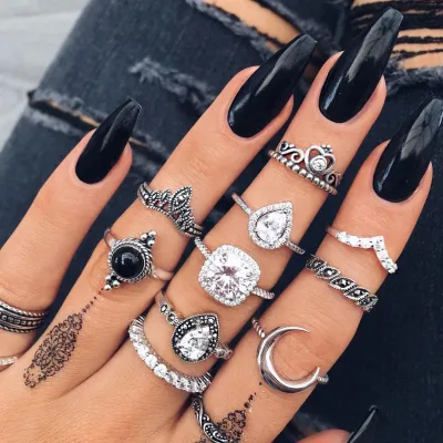 Vintage Moon Pattern Crystal Decor Ring Set
