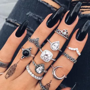 Vintage Moon Pattern Crystal Decor Ring Set for Women
