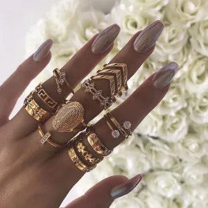 13pcs/Set Lady Geometric Pattern Rhinestone Decor Metal Ring Set