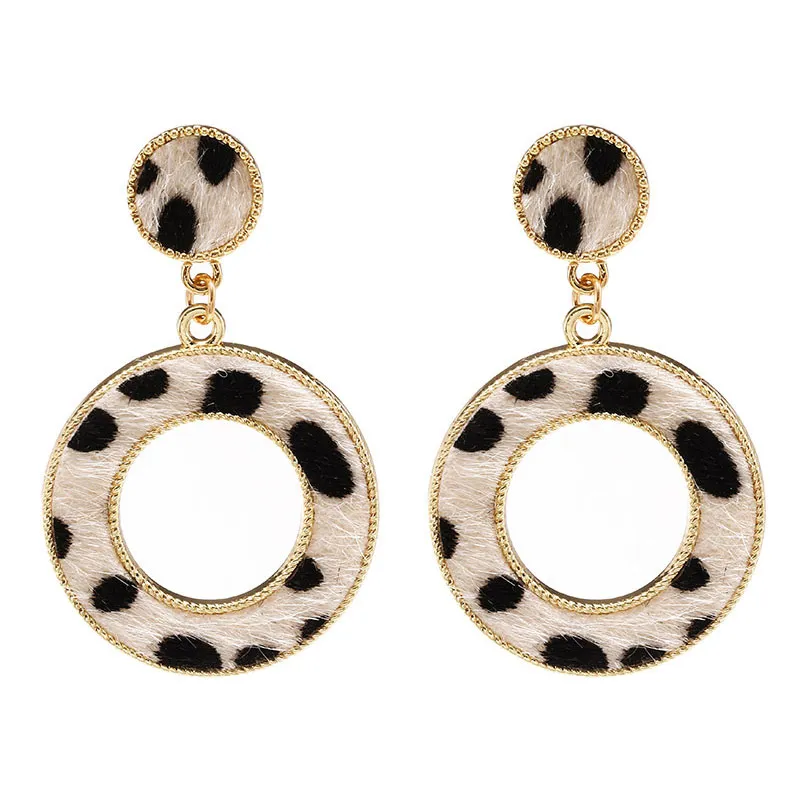 Leopard Pattern Hollow Out Circle Pendant Suede Alloy Geometric Women's Earrings