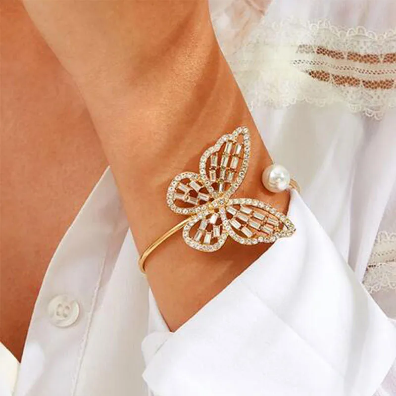 Hollow Out Butterfly Bangle with Pearl Decoration for Women Simple Style
