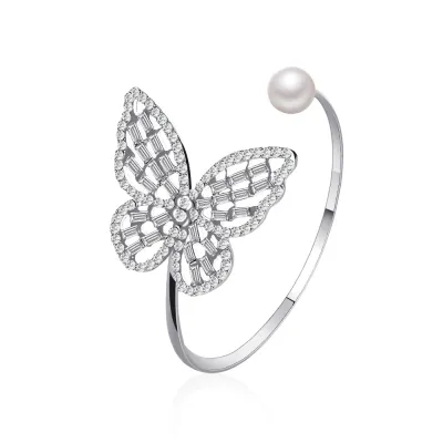 Hollow Out Butterfly Bangle with Pearl Decoration for Women Simple Style