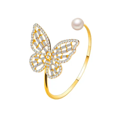 Hollow Out Butterfly Bangle with Pearl Decoration for Women Simple Style