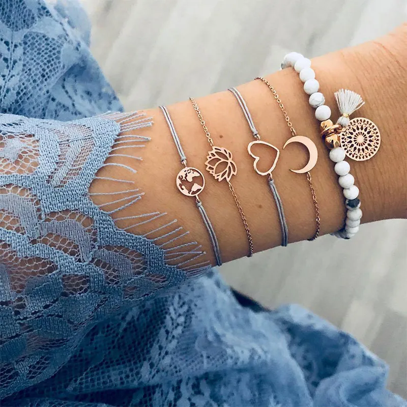 5pcs/set Lotus World Map Tassel Beaded Bracelet Set - Moon Earth Heart Design, Light Blue Alloy Unisex