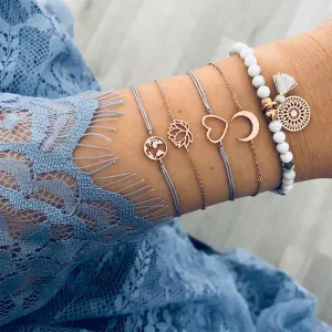 5pcs/set Lotus World Map Tassel Beaded Bracelet Set - Moon Earth Heart Design, Light Blue Alloy Unisex