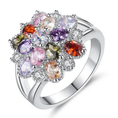Creative Flower Design Colorful Zircon Decor Ring for Women Fashion OL