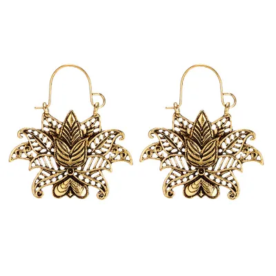 Vintage Alloy Lotus Flower Pendant Drop Earrings for Women