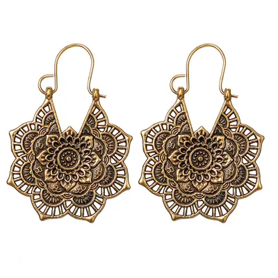 Ethnic Style Hollow Out Flowers Pattern Hoop Earrings for Women