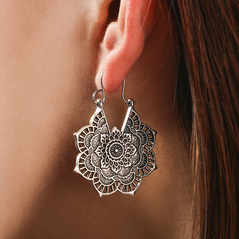 Ethnic Style Hollow Out Flowers Pattern Hoop Earrings for Women