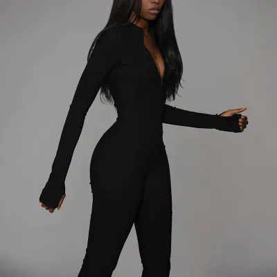 S-L High Waist Zipper Slim Fit Workout Jumpsuits