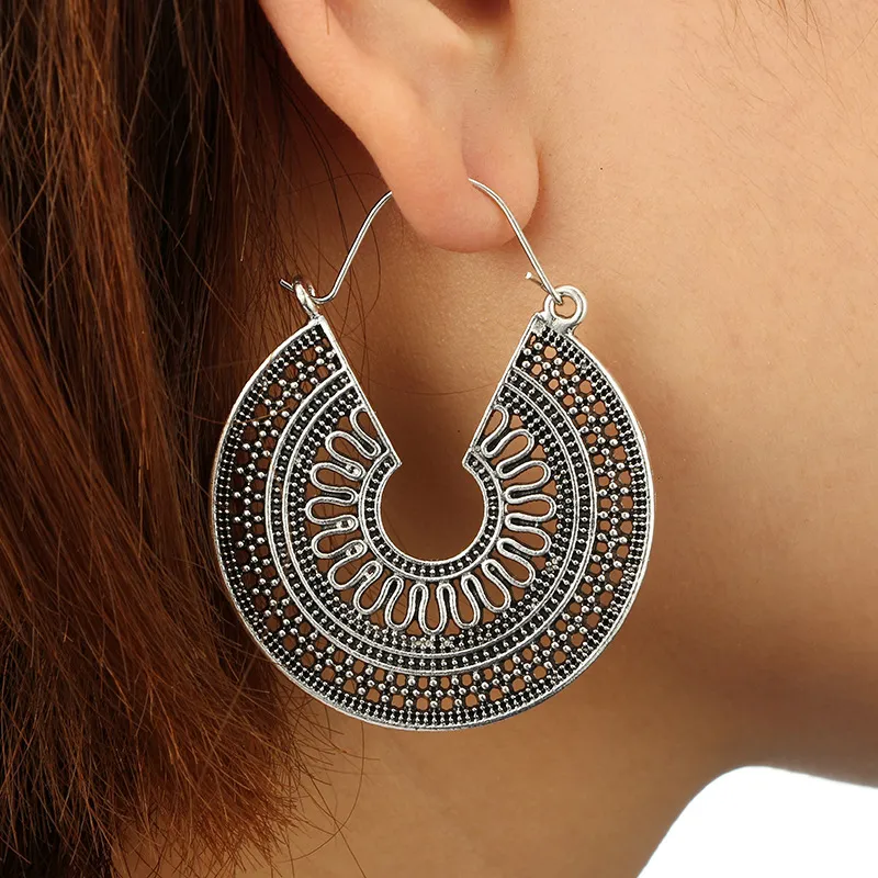 Vintage Hollow Out Geometric Pattern Hoop Earrings for Women
