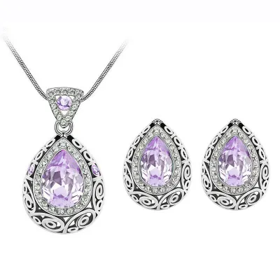Water Drop Pendant Diamond Decor Necklace Earrings Set