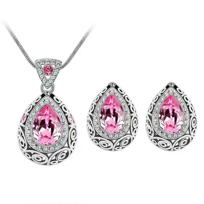 Water Drop Pendant Diamond Decor Necklace Earrings Set