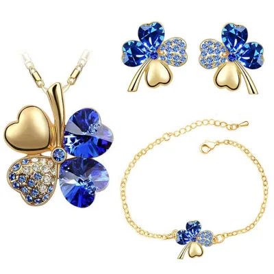 Lucky Clover Crystal Decor Necklace Earrings Bracelet Set for Women