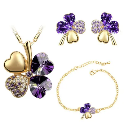 Lucky Clover Crystal Decor Necklace Earrings Bracelet Set for Women