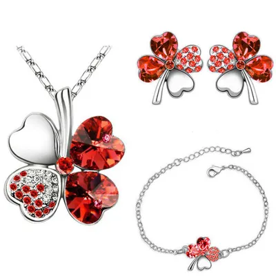 Lucky Clover Crystal Decor Necklace Earrings Bracelet Set for Women