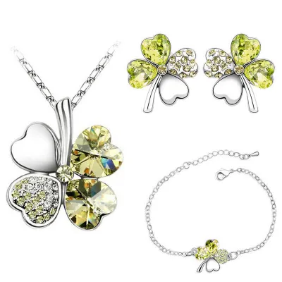 Lucky Clover Crystal Decor Necklace Earrings Bracelet Set for Women