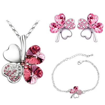 Lucky Clover Crystal Decor Necklace Earrings Bracelet Set for Women