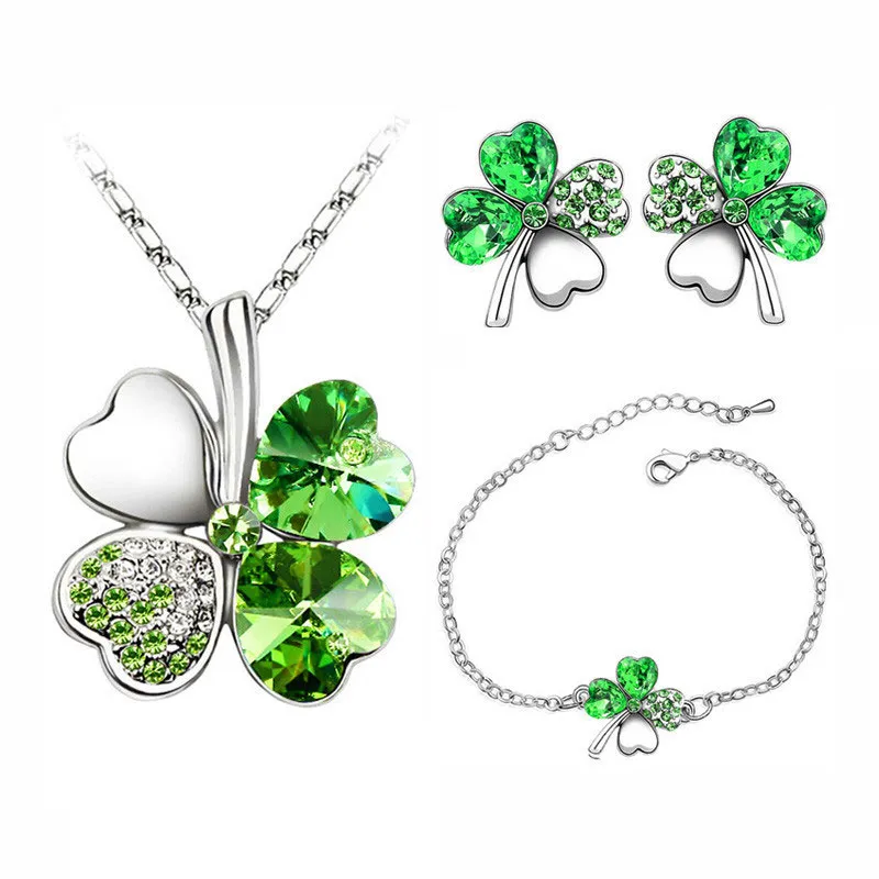 Lucky Clover Crystal Decor Necklace Earrings Bracelet Set for Women
