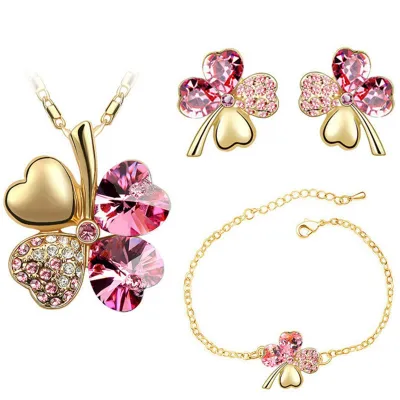 Lucky Clover Crystal Decor Necklace Earrings Bracelet Set for Women