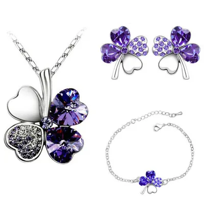 Lucky Clover Crystal Decor Necklace Earrings Bracelet Set for Women