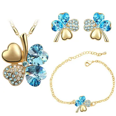 Lucky Clover Crystal Decor Necklace Earrings Bracelet Set for Women